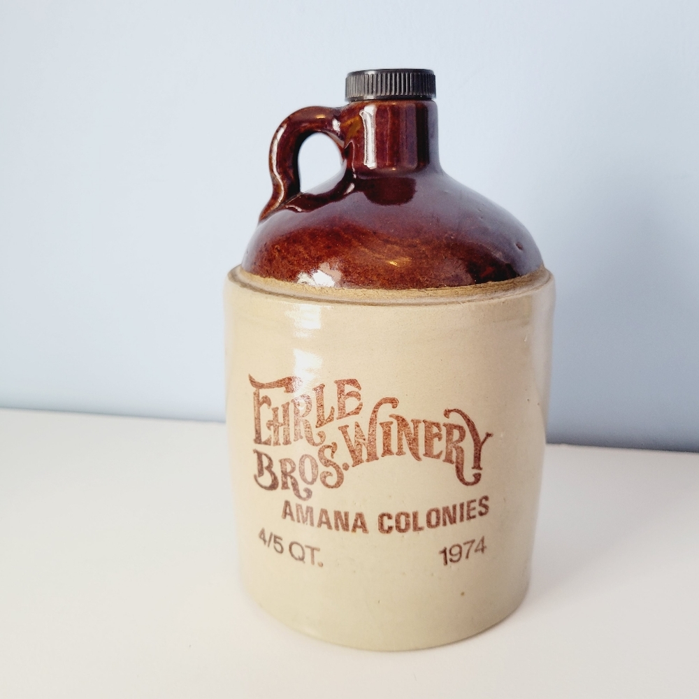 Vintage Stone Crock Jug Ehrle Bros Winery Amana Colonies 4/5 Qt 1974